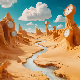 several clocks displayed in different shapes on desert land