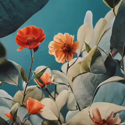 orange flowers with green leaves next to the ocean
