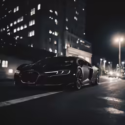 a black sports car parked in the city street at night