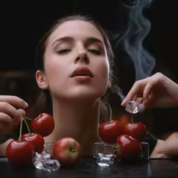 a woman holds on to the stem of cherrys as she is surrounded by smoke