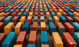 many bright colored crates in an old warehouse yard