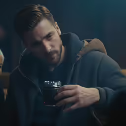 a man holding a coffee cup while sitting next to another man
