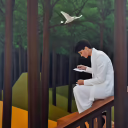 a man sits on a ledge looking at a paper in front of a painting with a bird flying overhead