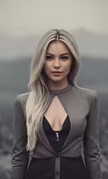 a blonde woman with long hair in a grey shirt