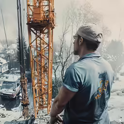 man looking at crane during winter on a building construction site