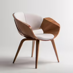a white chair with wood and leather upholstered