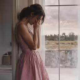 a young girl is staring out a window in the rain