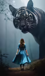 a girl in a blue dress is walking toward a tiger