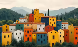 a collection of multicolored houses stand out against the background of a mountain range