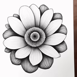 a black and white flower with leaves on it