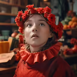 a young girl wears a red dress and flower crown