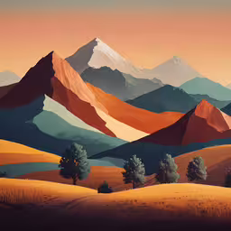 a painting of a large mountain range in the distance,an oil painting of a mountains scene