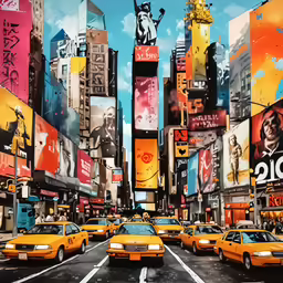a painting of the city with taxi cabs and billboards