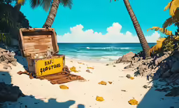 there is a wooden box on the beach with a sign in it