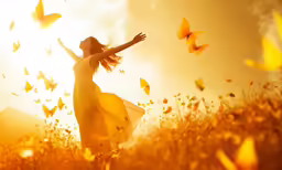a woman in a long dress is flying through the grass with yellow butterflies