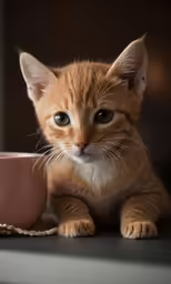 a baby cat sits next to a small pink coffee cup