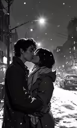 two people kiss in the snow as a street light shines over them