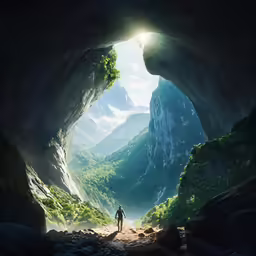 a person walks out from inside of a cave