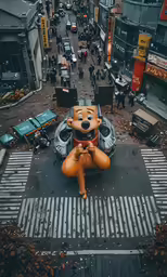 an inflatable character sitting on top of a traffic light on a street