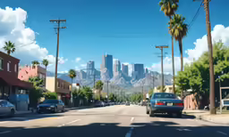 a cityscape with trees, palm trees and mountains in the background