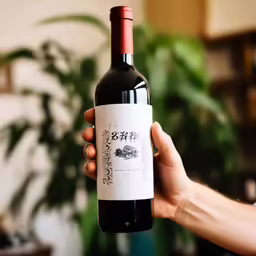 a person holding a wine bottle in front of a plant
