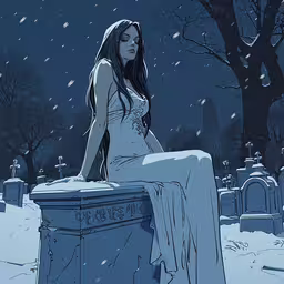 a cartoon girl sitting on top of a monument,a woman in a white dress sitting at the top of a cemetery