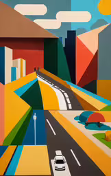 an abstract painting of a city street and mountains,a car driving on an empty road with trees
