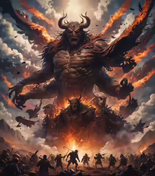 a large demon on fire with people running through the foreground