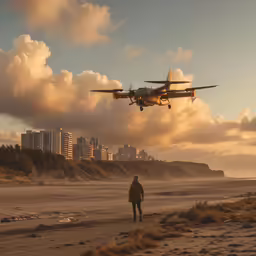 a person walks by a large plane flying over