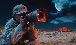 the photographer is looking through his camera lens