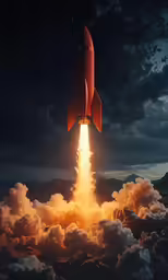 a rocket taking off from a cloud filled sky