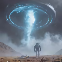 a man is standing in the desert in front of an alien ring