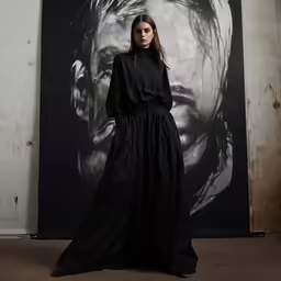 a woman in black posing in front of a wall