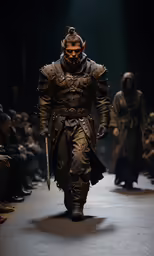 a costumed male model walking down the runway