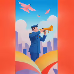 a poster of a man in uniform playing a trumpet in front of a city skyline