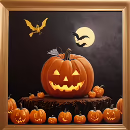 a painting of a pumpkin is in the foreground