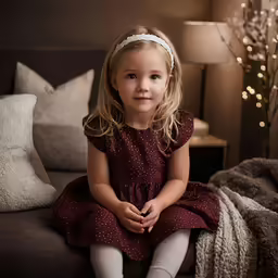 a little girl sitting on a couch with her legs crossed