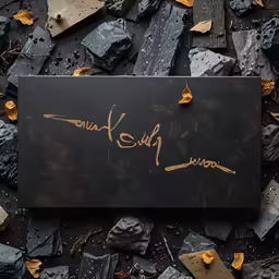 a black background with a golden signature sign