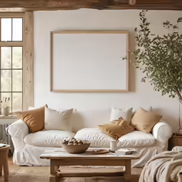 white furniture with wooden accents in a rustic living room