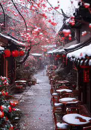 snow is falling on the streets and tables outside,a snow covered city street lined with tables and chairs