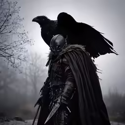 the man in costume is holding an eagle on his arm