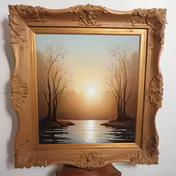 an ornate golden frame holds a painting depicting a pond
