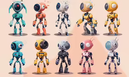 a collection of robot toys sitting side by side