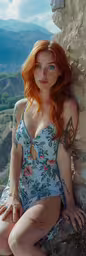 a red haired woman with tattoos sitting on the edge of a rock,redheaded woman with large breast sitting on rock near mountain