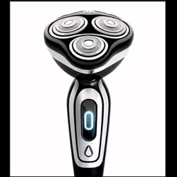a black and silver electric hairbrush with blue light on it