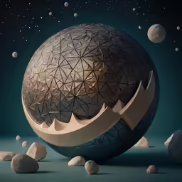 an abstract sphere sculpture with many stars around it