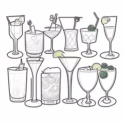 many glasses are lined up with drinks,a line drawing of different cocktail drinks