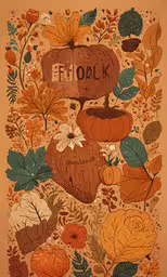 a painting with leaves and pumpkins surrounding it,the fall poster has a handwritten quote