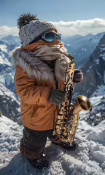 a man is playing the saxophone on a snowy mountain