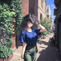 the woman is walking down the sidewalk in front of a building